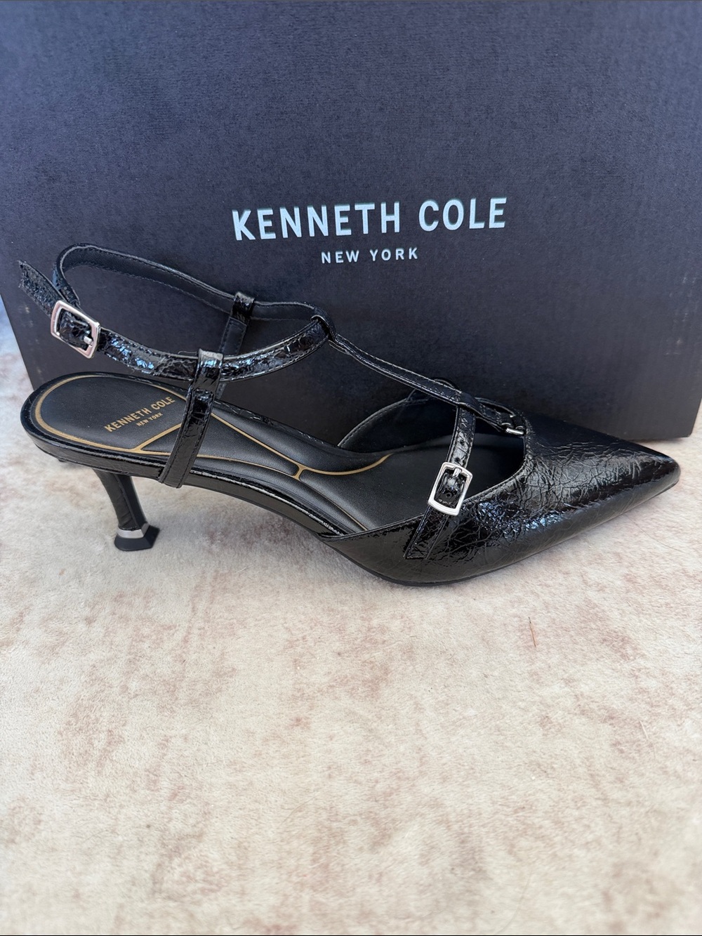 Kenneth Cole Urka Black Patent Pointed Slingback Kitten Heel